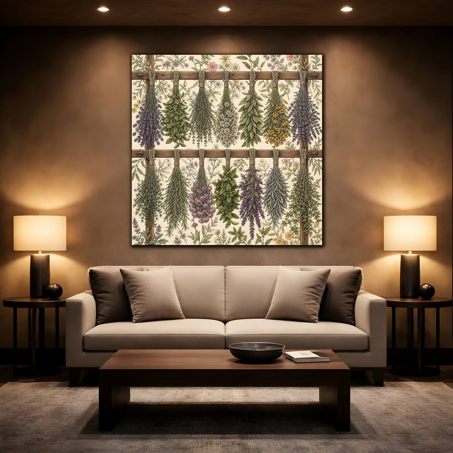 Mockup 2. Aged Vintage Print Herbs Drying From Wooden Rack shown as stretched canvas wall art