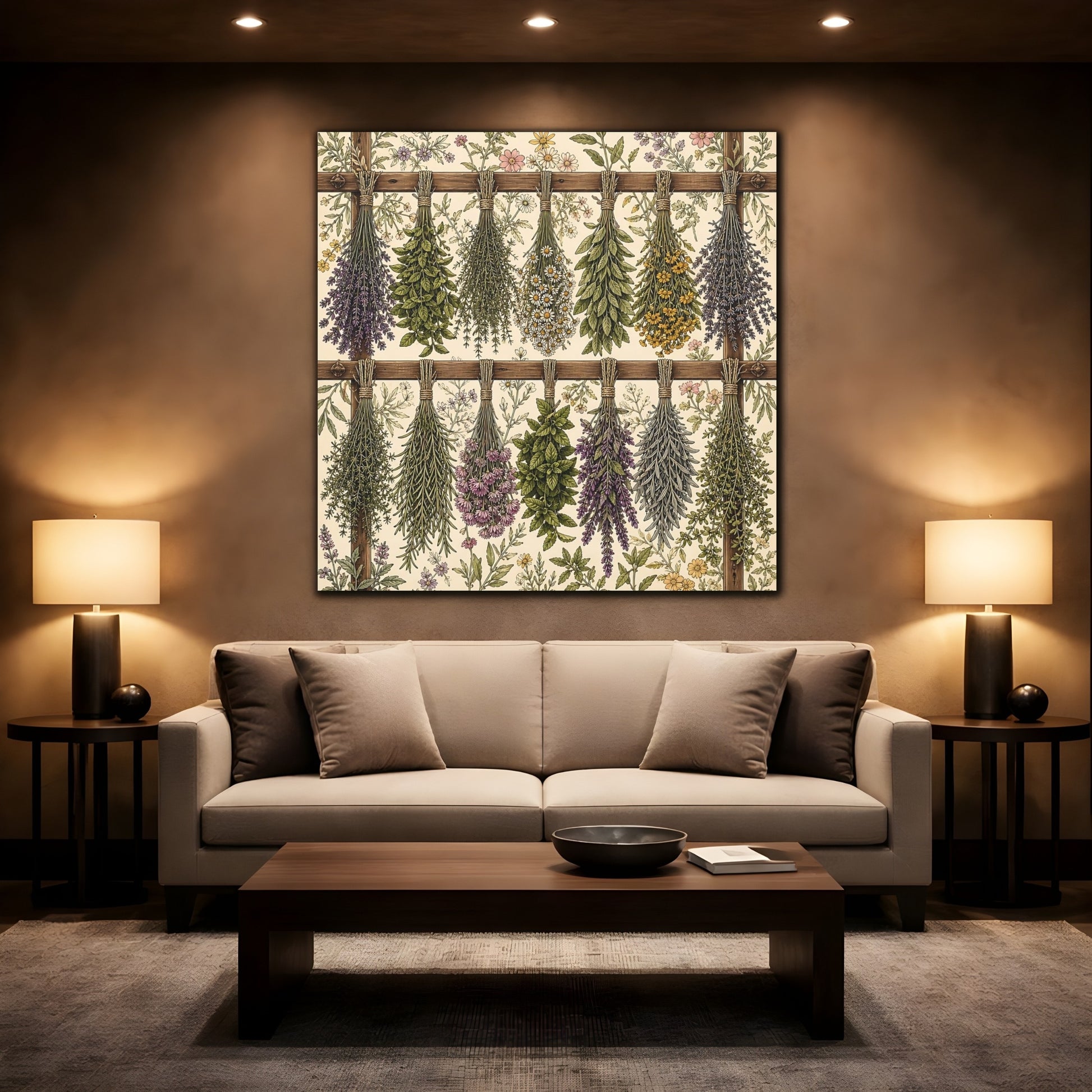 Mockup 2. Aged Vintage Print Herbs Drying From Wooden Rack shown as stretched canvas wall art