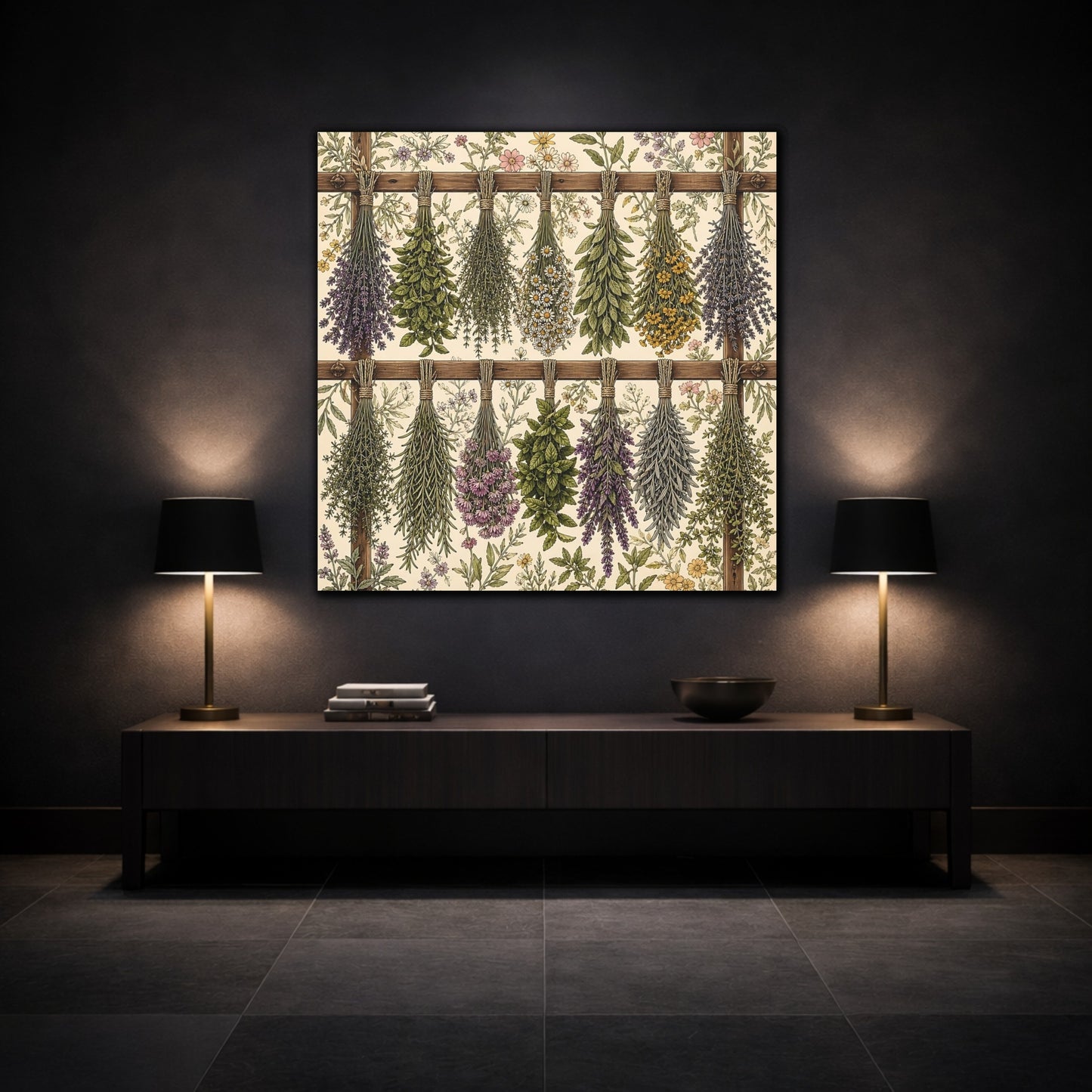 Mockup 3. Aged Vintage Print Herbs Drying From Wooden Rack shown as stretched canvas wall art
