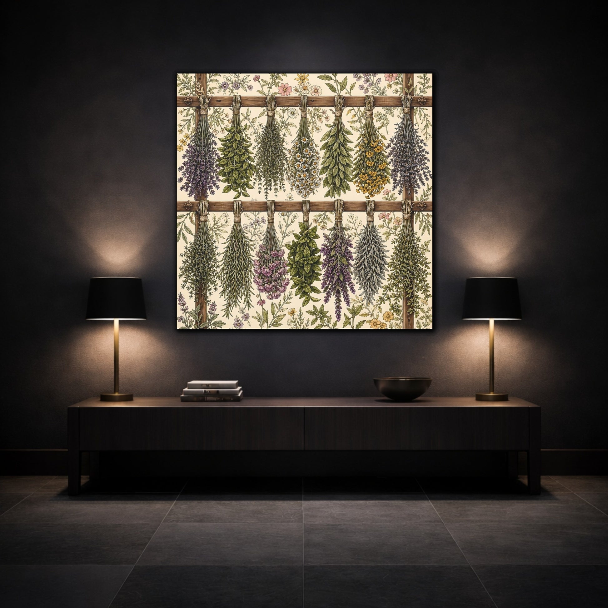 Mockup 3. Aged Vintage Print Herbs Drying From Wooden Rack shown as stretched canvas wall art