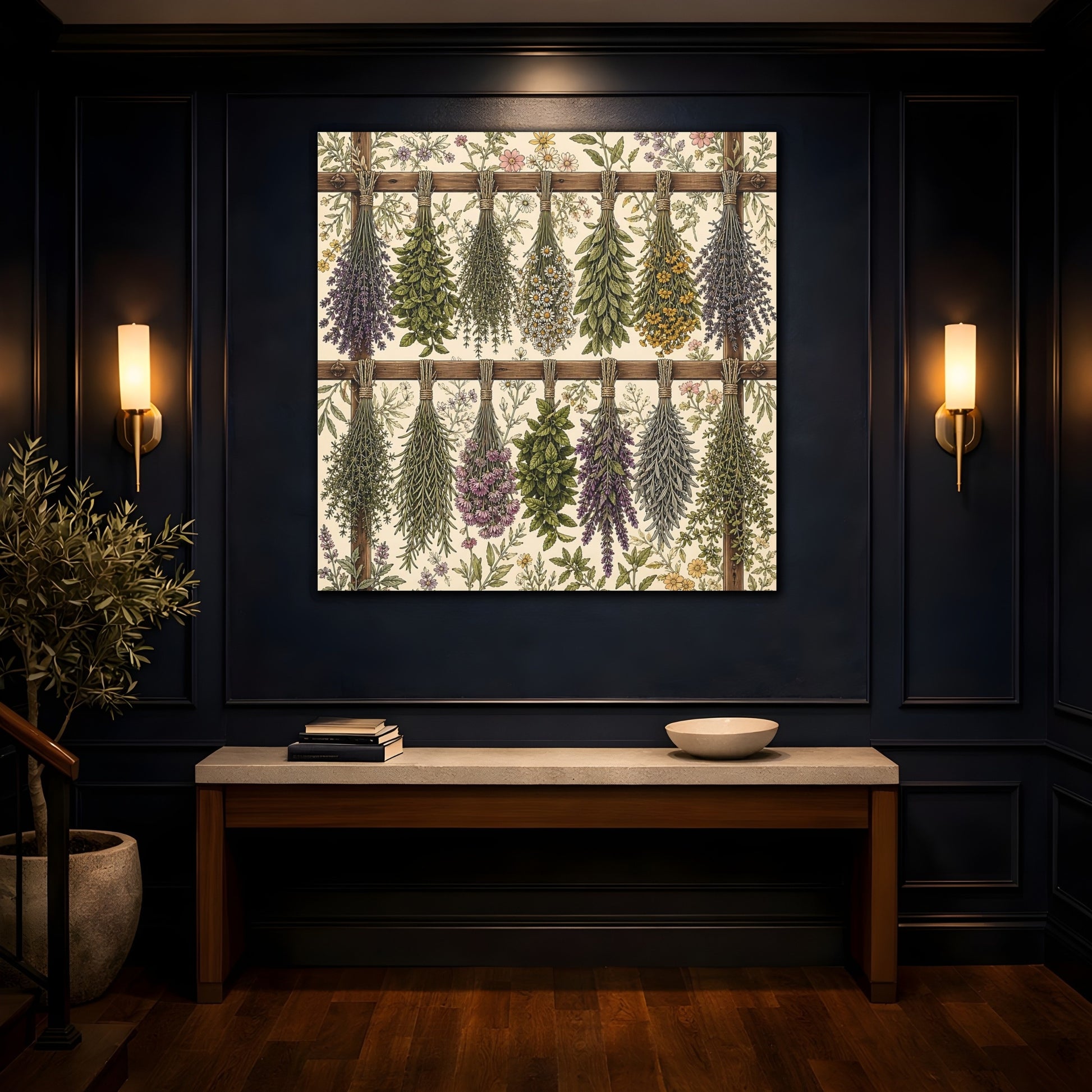Mockup 4. Aged Vintage Print Herbs Drying From Wooden Rack shown as stretched canvas wall art