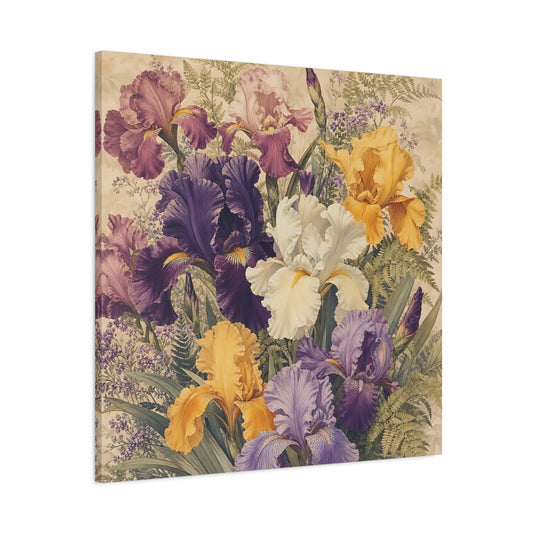 Main Mockup. Aged Vintage Print Iris Bouquet With Fern Accents shown as stretched canvas wall art