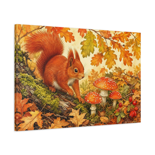 Main Mockup. Aged Vintage Print Red Squirrel Near Autumn Mushrooms shown as stretched canvas wall art