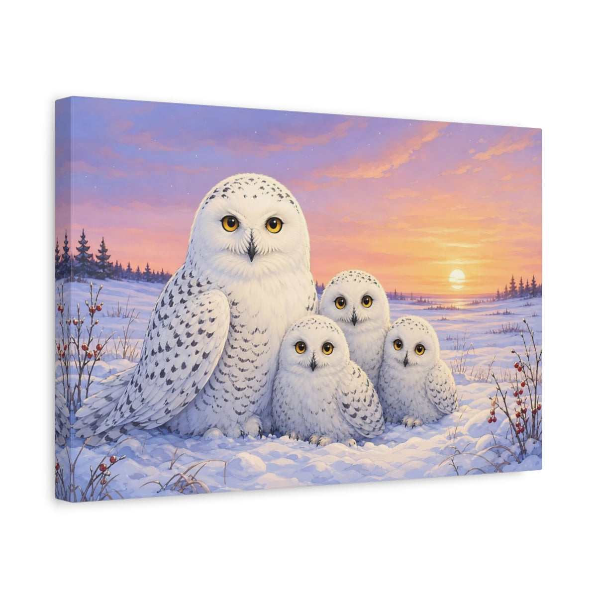 Side Mockup 4. Aged Vintage Print Snowy Owl In Winter Dusk Above White Field shown as stretched canvas wall art