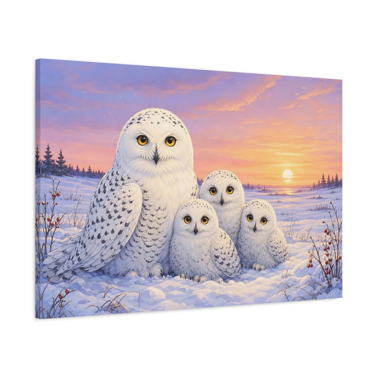 Main Mockup. Aged Vintage Print Snowy Owl In Winter Dusk Above White Field shown as stretched canvas wall art