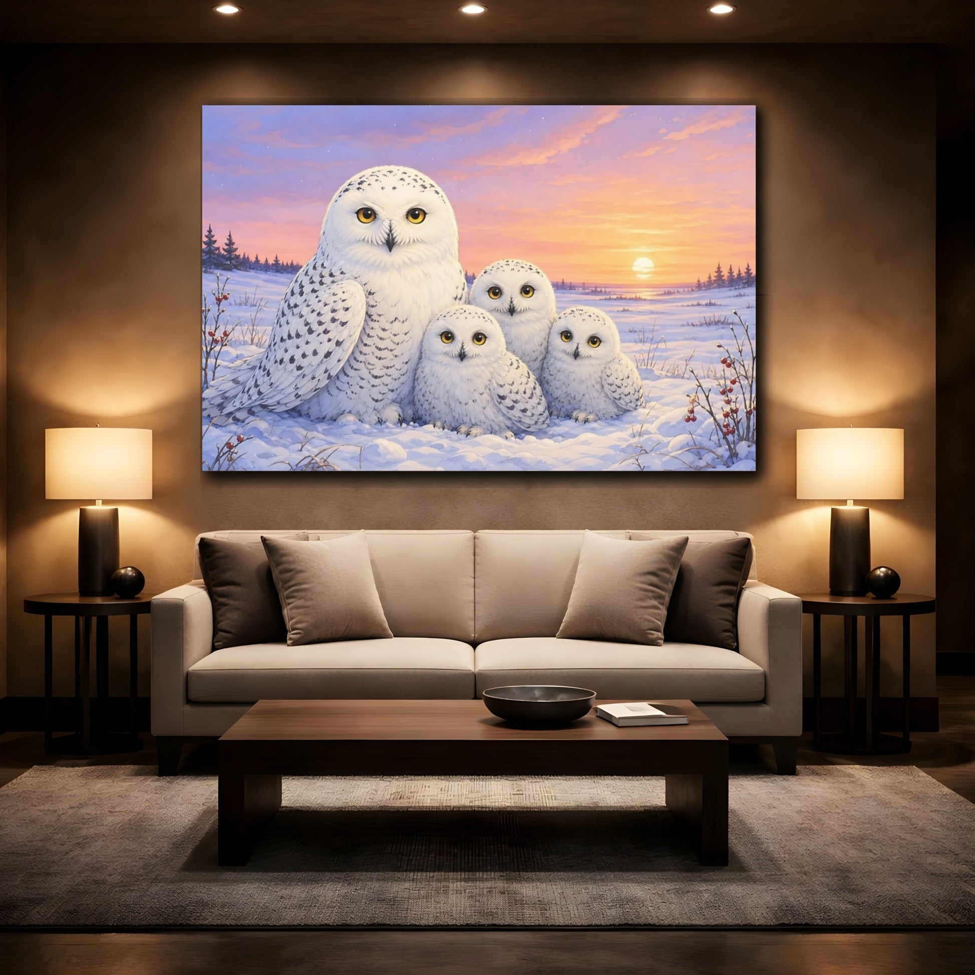 Mockup 2. Aged Vintage Print Snowy Owl In Winter Dusk Above White Field shown as stretched canvas wall art