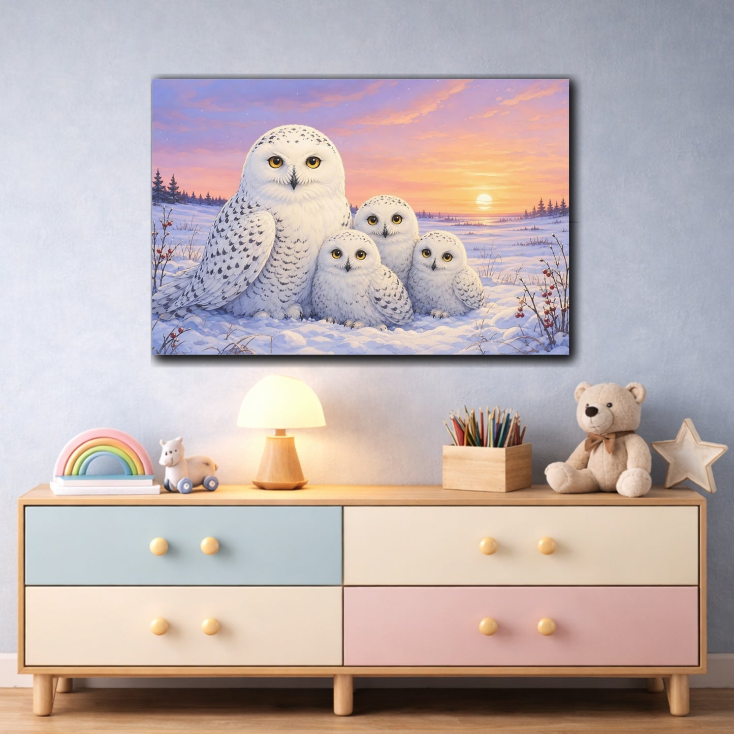 Mockup 3. Aged Vintage Print Snowy Owl In Winter Dusk Above White Field shown as stretched canvas wall art