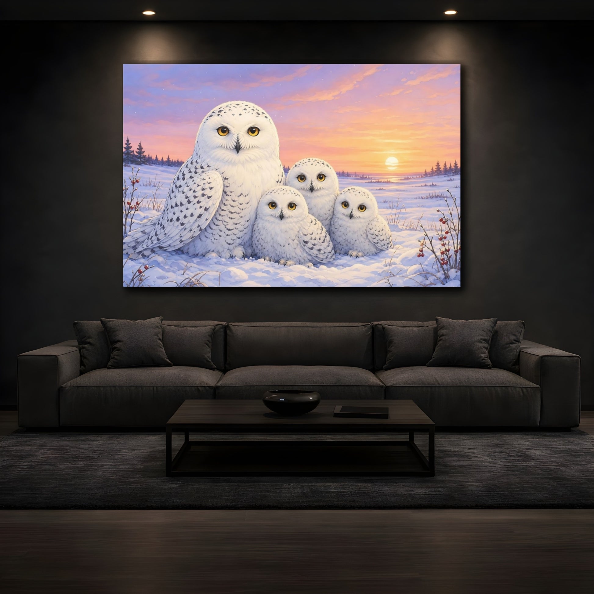 Mockup 4. Aged Vintage Print Snowy Owl In Winter Dusk Above White Field shown as stretched canvas wall art