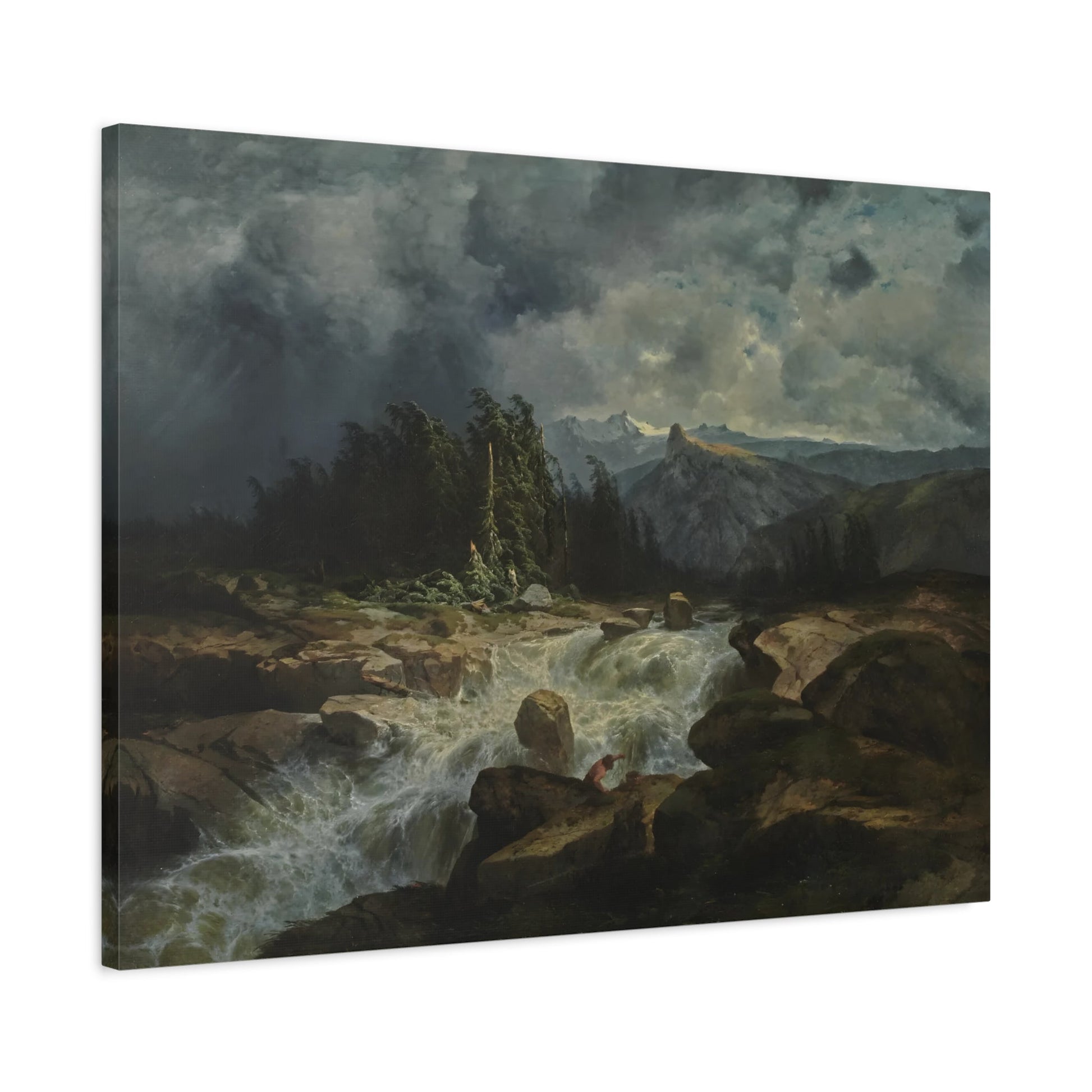 Alexandre Calame Mountain Torrent by Storm River Landscape - Framed Stretched Matte Canvas Wall Art Prints Reproduction