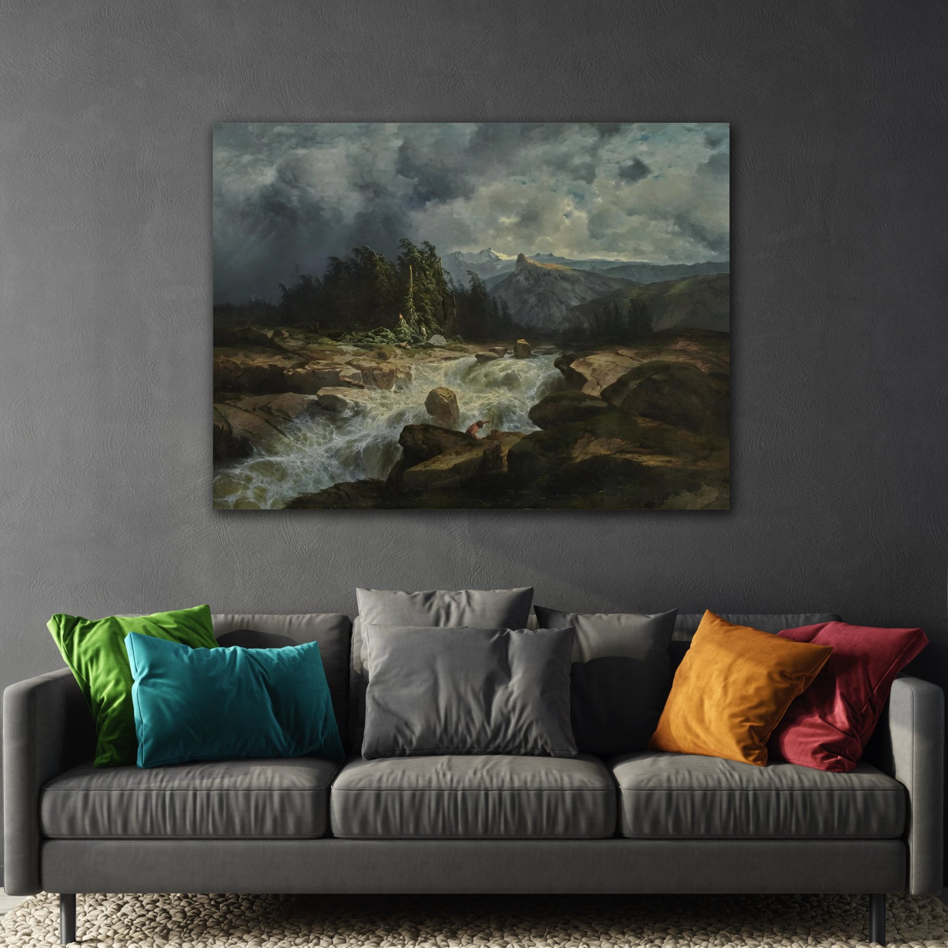 Alexandre Calame Mountain Torrent by Storm River Landscape - Framed Stretched Matte Canvas Wall Art Prints Reproduction