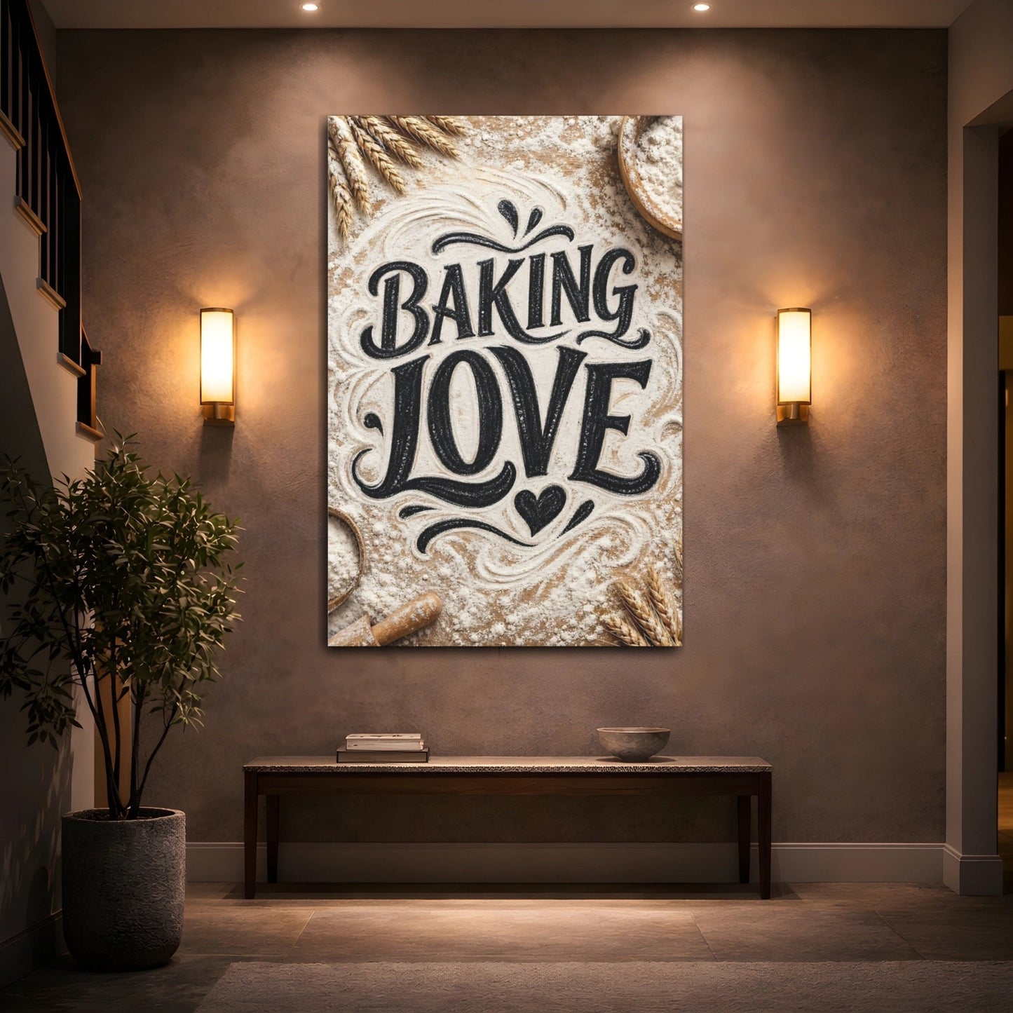 Alphabets Baking Love Brown And White Canvas Wall Art Print – Rustic Kitchen, Above Counter - YesArtYes
