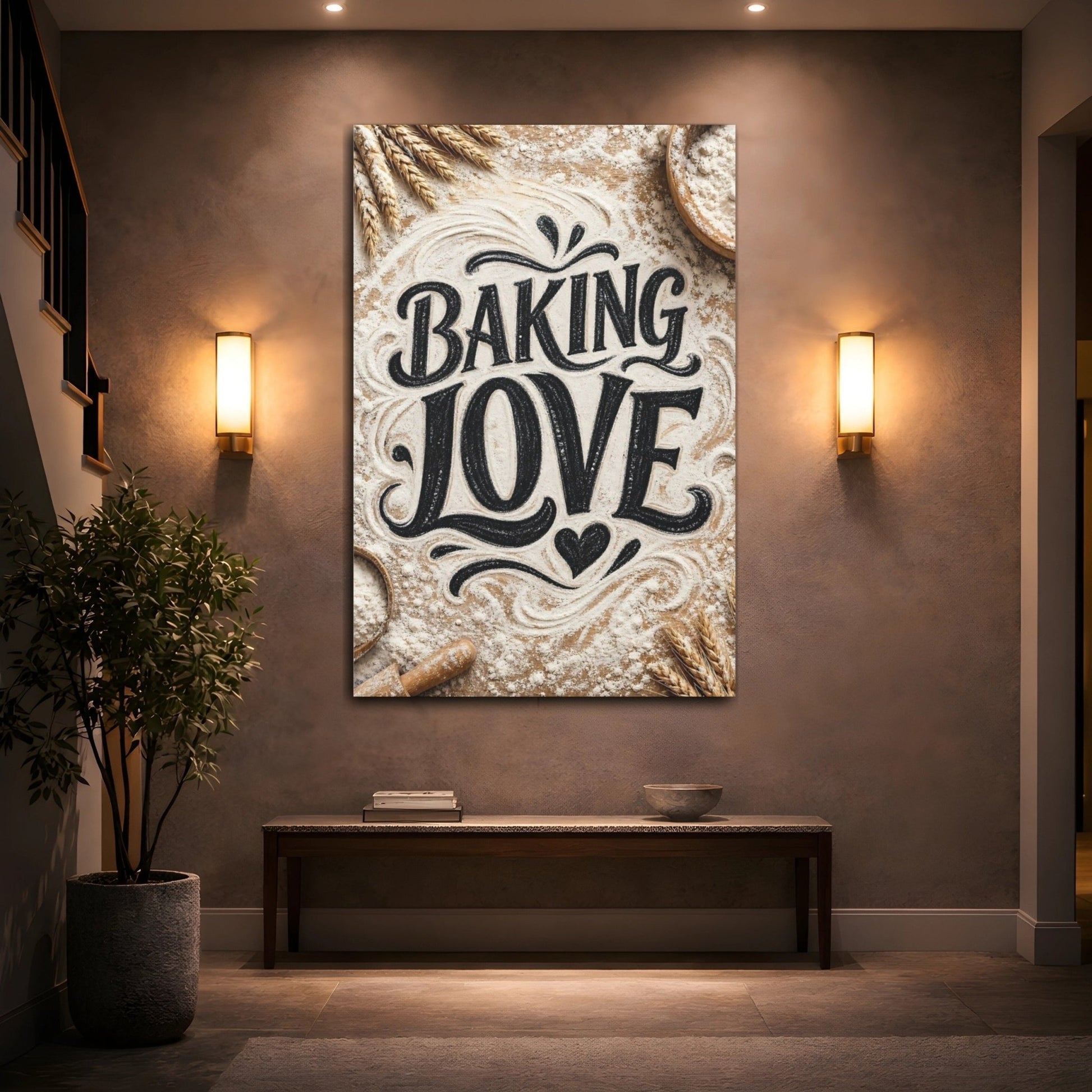 Alphabets Baking Love Brown And White Canvas Wall Art Print – Rustic Kitchen, Above Counter - YesArtYes