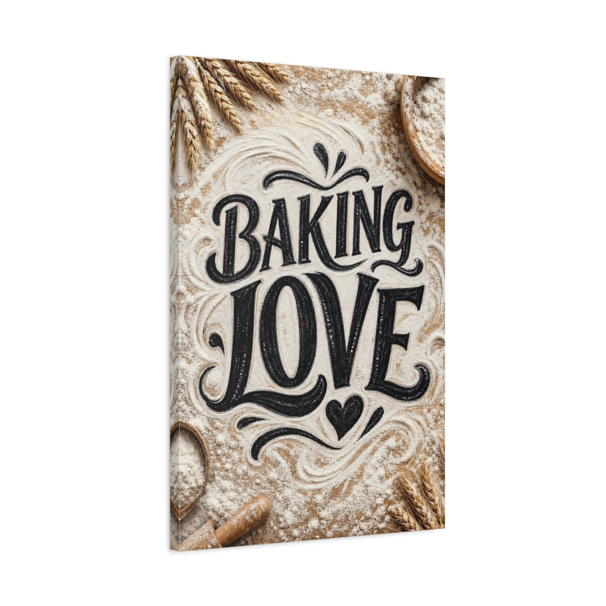 Side Mockup 2. Alphabets Baking Love Brown And White shown as stretched canvas wall art
