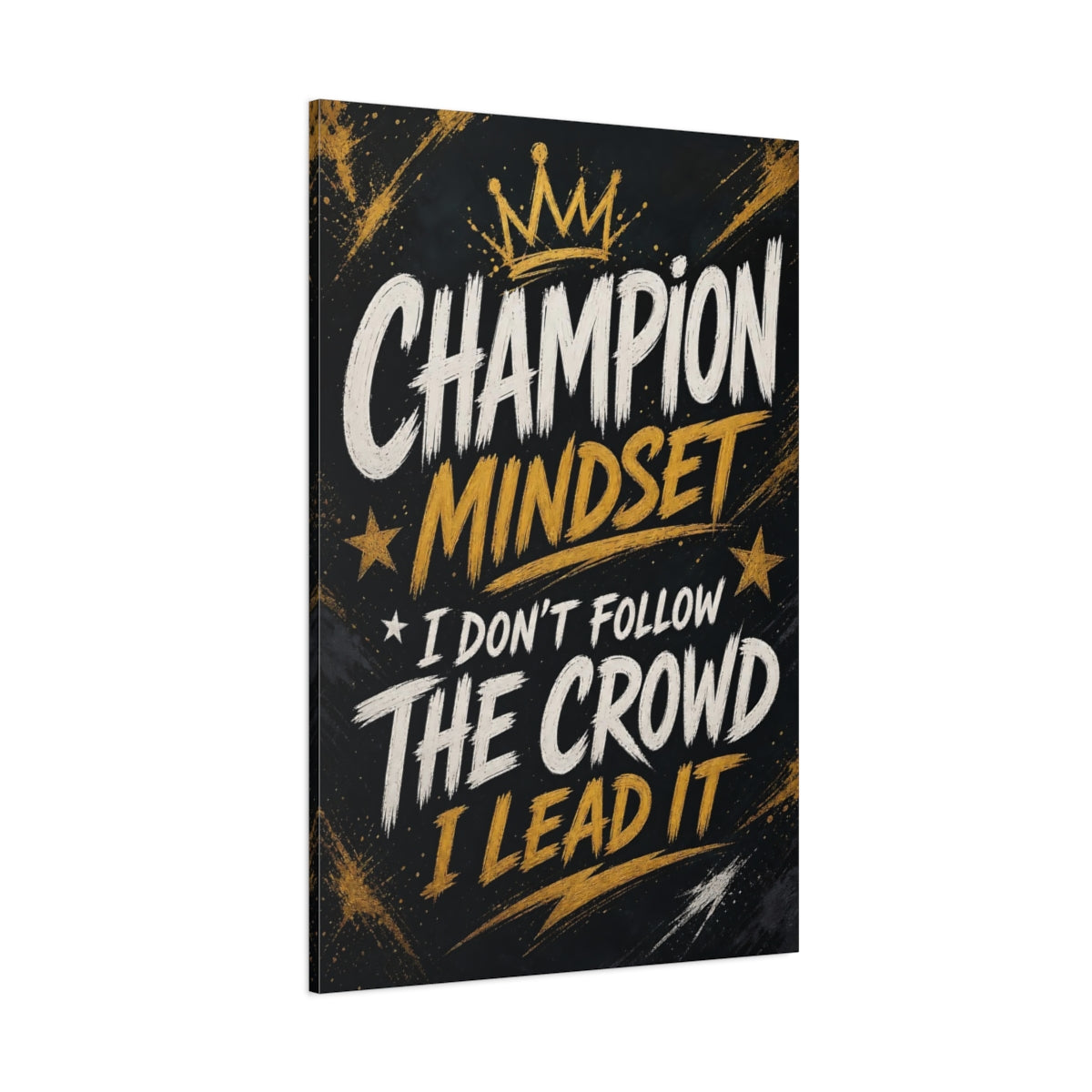 Side Mockup 1. Alphabets Motivational Quote Gold Black Motivational shown as stretched canvas wall art