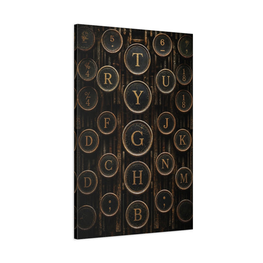 Main Mockup. Alphabets Typewriter Keys Brown And Black shown as stretched canvas wall art