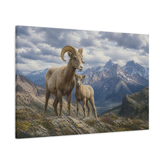 Main Mockup. Alpine Bighorn Mother And Lamb shown as canvas print