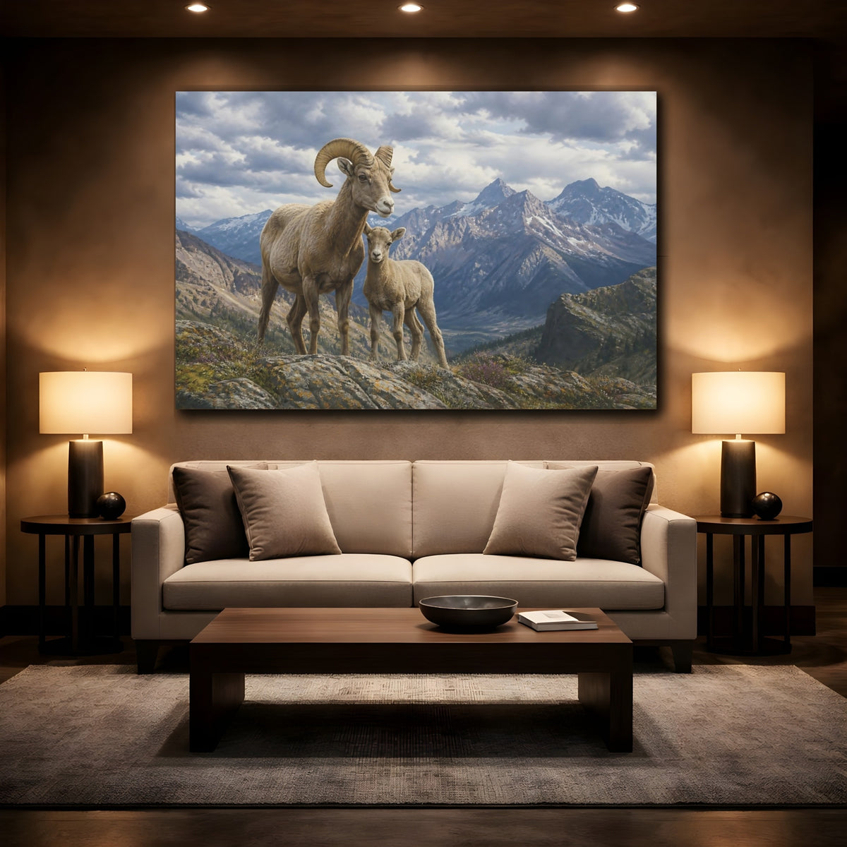 Mockup 2. Alpine Bighorn Mother And Lamb shown as canvas print