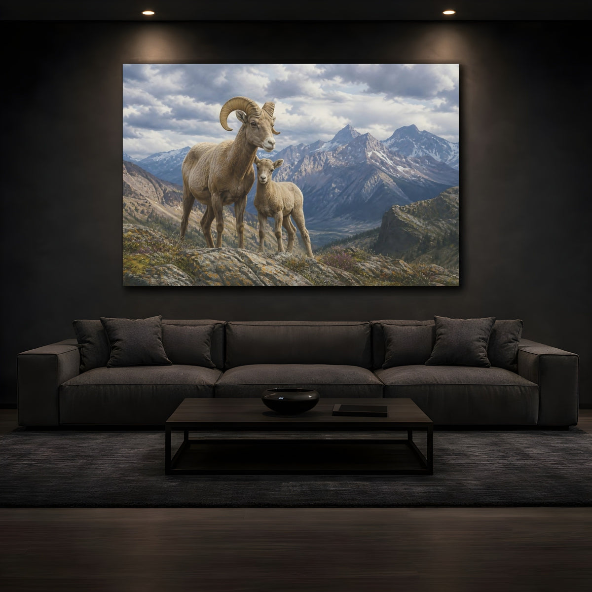 Mockup 3. Alpine Bighorn Mother And Lamb shown as canvas print