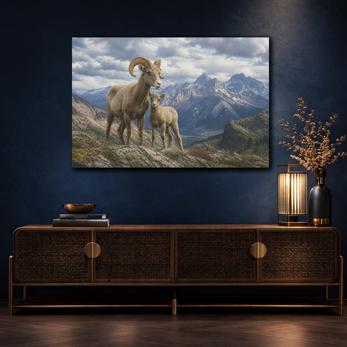 Mockup 4. Alpine Bighorn Mother And Lamb shown as canvas print