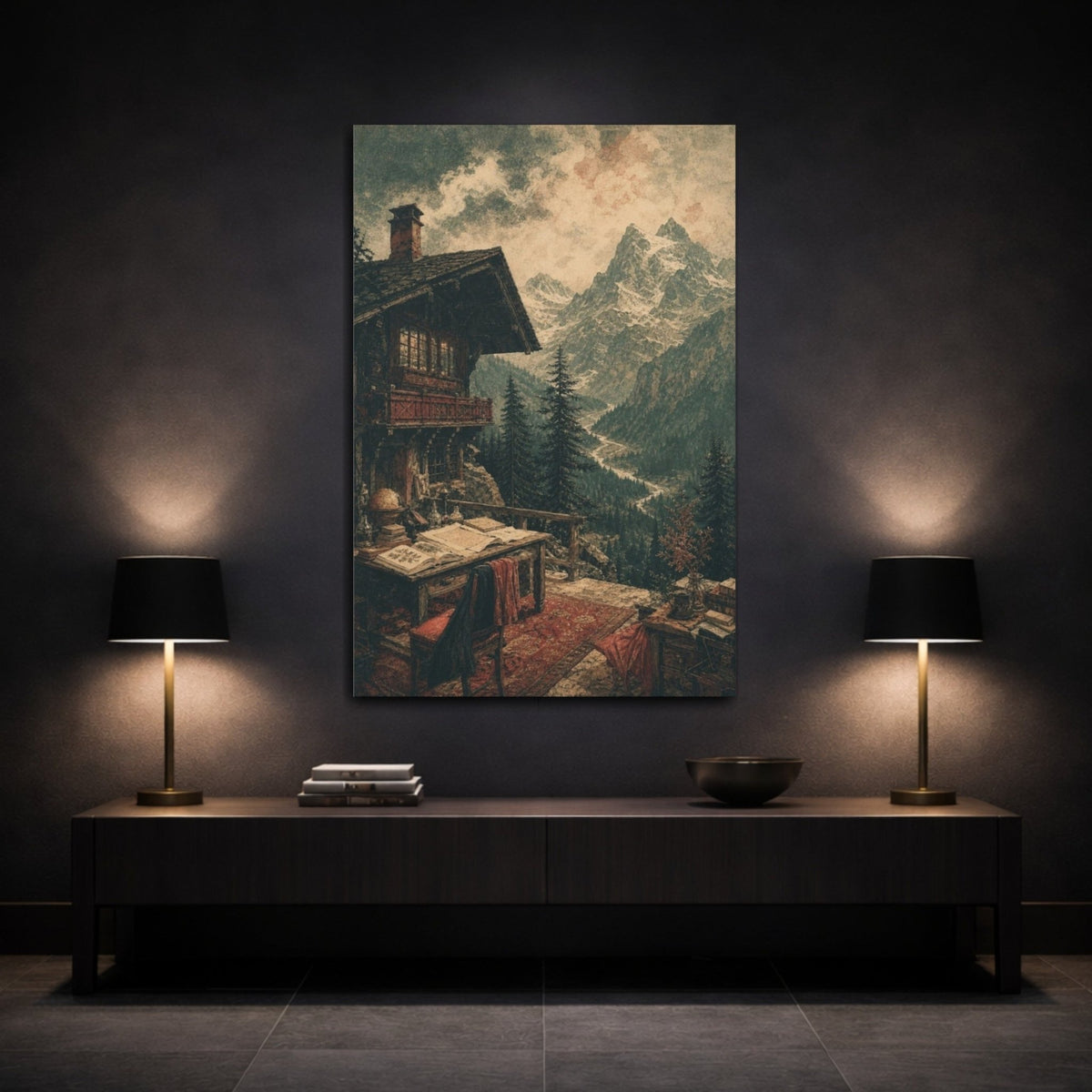 Alpine Chalet Retreat Canvas Print – Living Room, Above Sofa - YesArtYes
