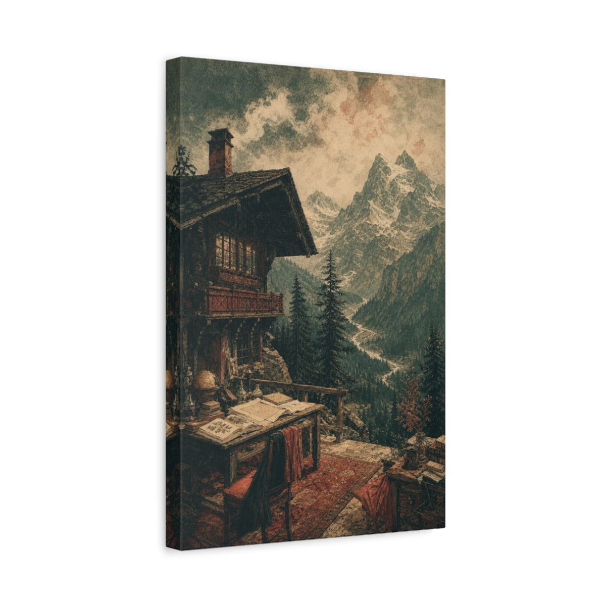 Side Mockup 4. Alpine Chalet Retreat shown as canvas print