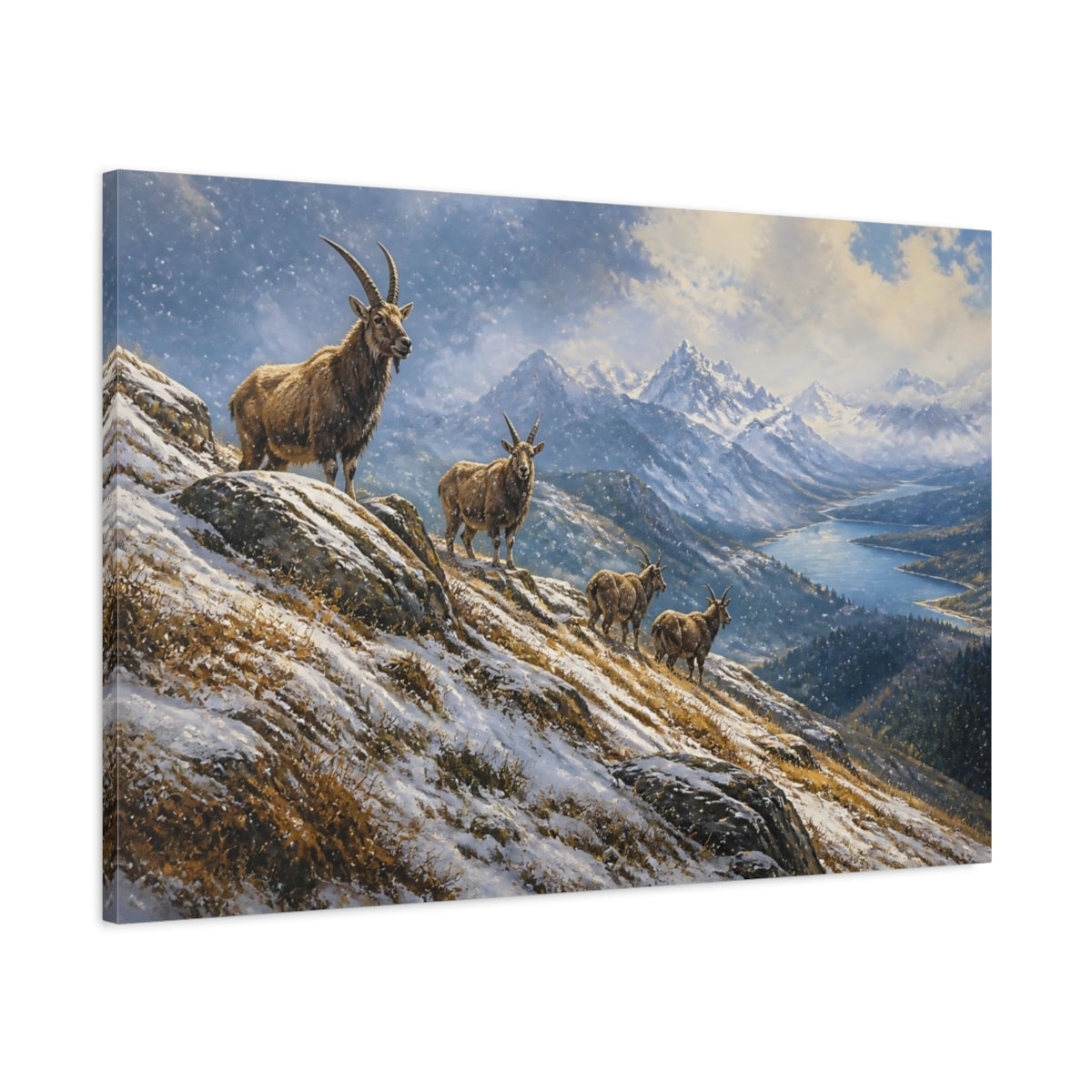 Main Mockup. Alpine Goat Winter Landscape shown as canvas print