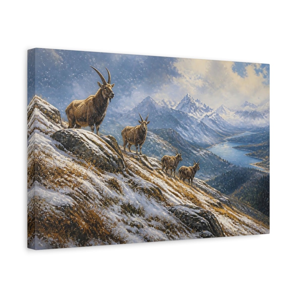Alpine Goat Winter Landscape Canvas Print – Living Room, Above Couch, Blue-Gray - YesArtYes
