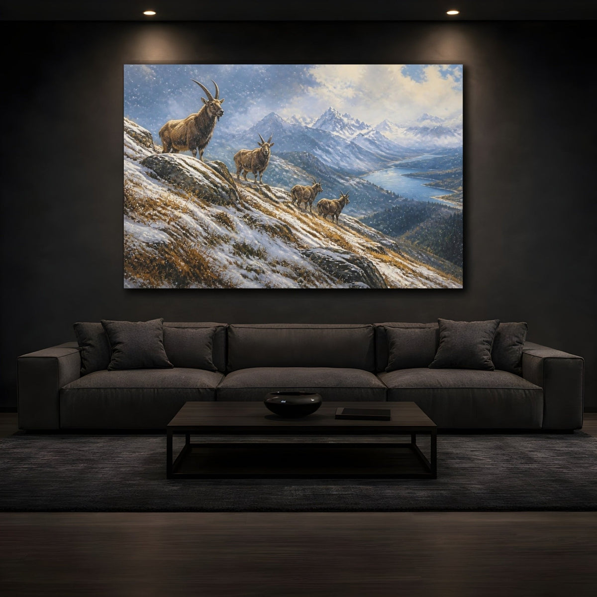 Alpine Goat Winter Landscape Canvas Print – Living Room, Above Couch, Blue-Gray - YesArtYes