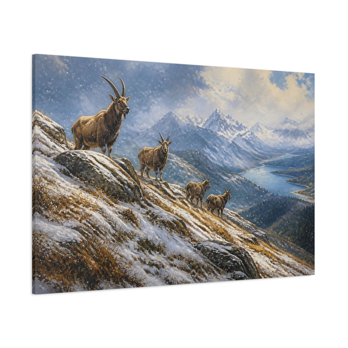Side Mockup 1. Alpine Goat Winter Landscape shown as canvas print