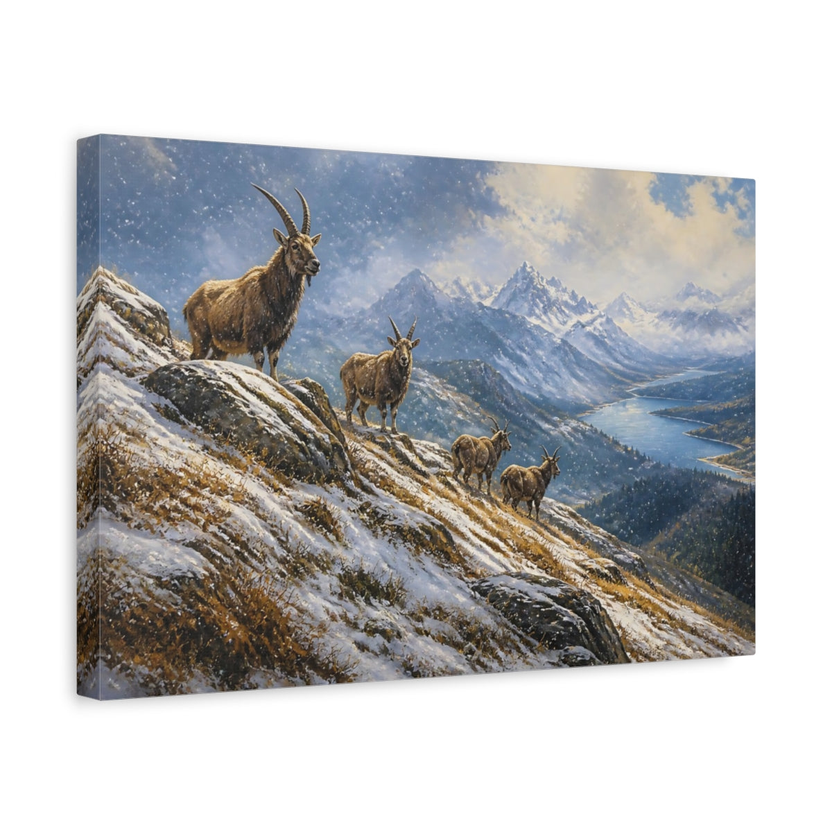 Side Mockup 4. Alpine Goat Winter Landscape shown as canvas print