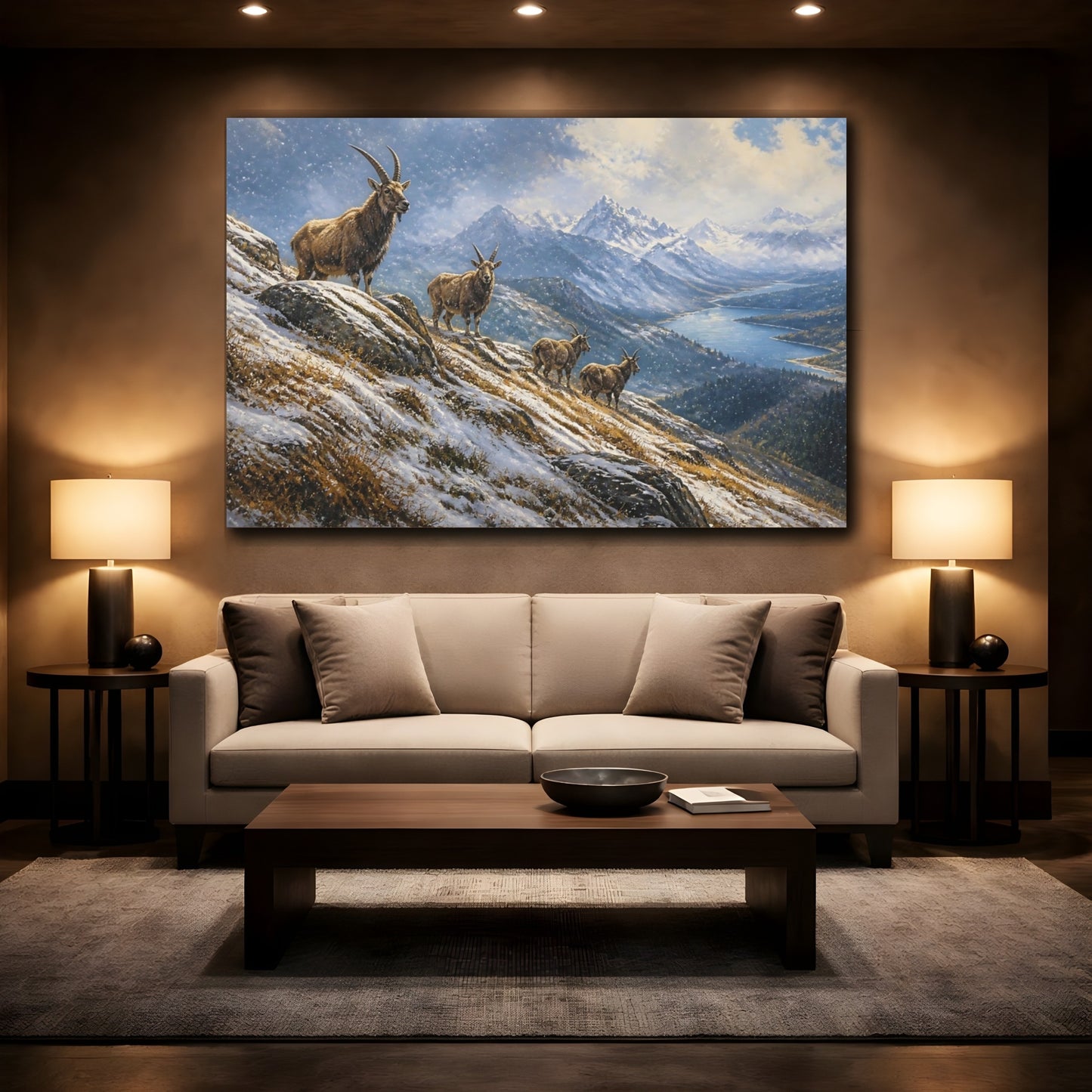 Mockup 2. Alpine Goat Winter Landscape shown as canvas print