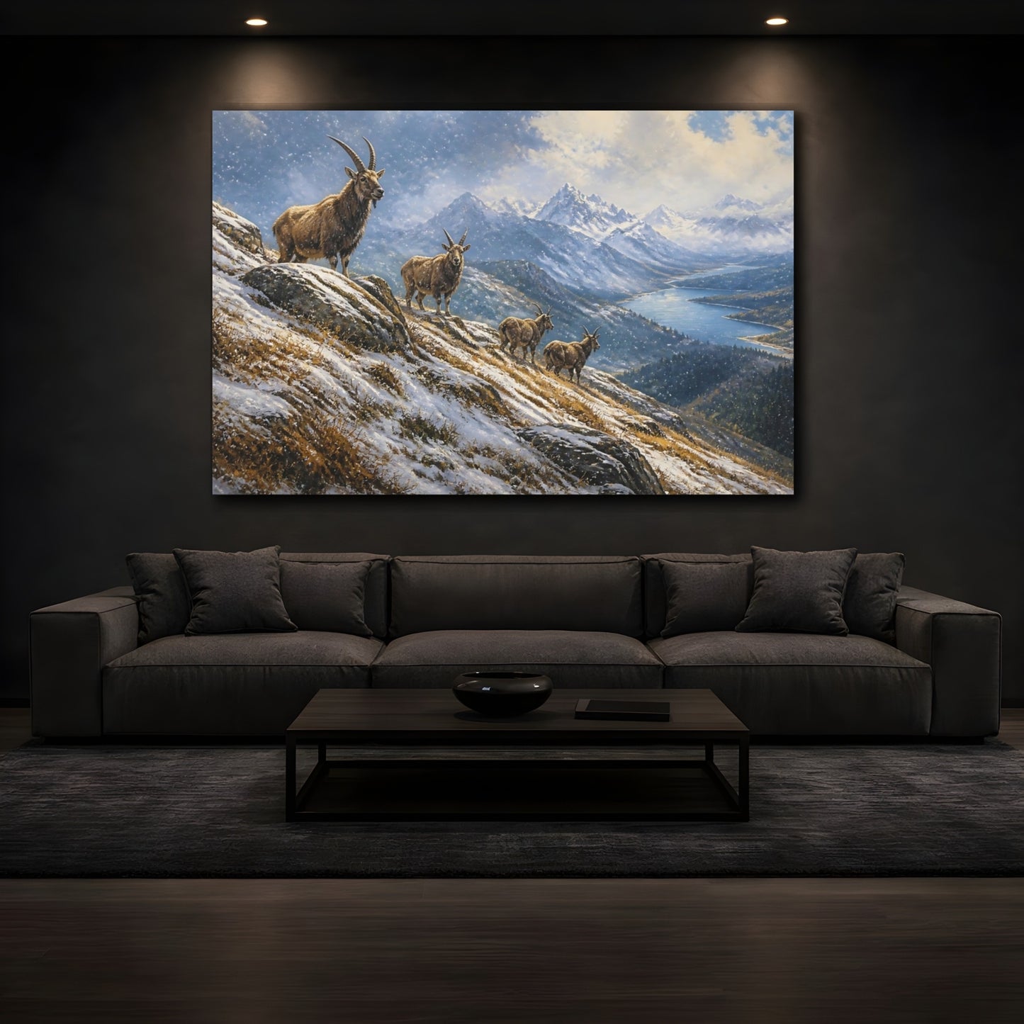 Mockup 3. Alpine Goat Winter Landscape shown as canvas print
