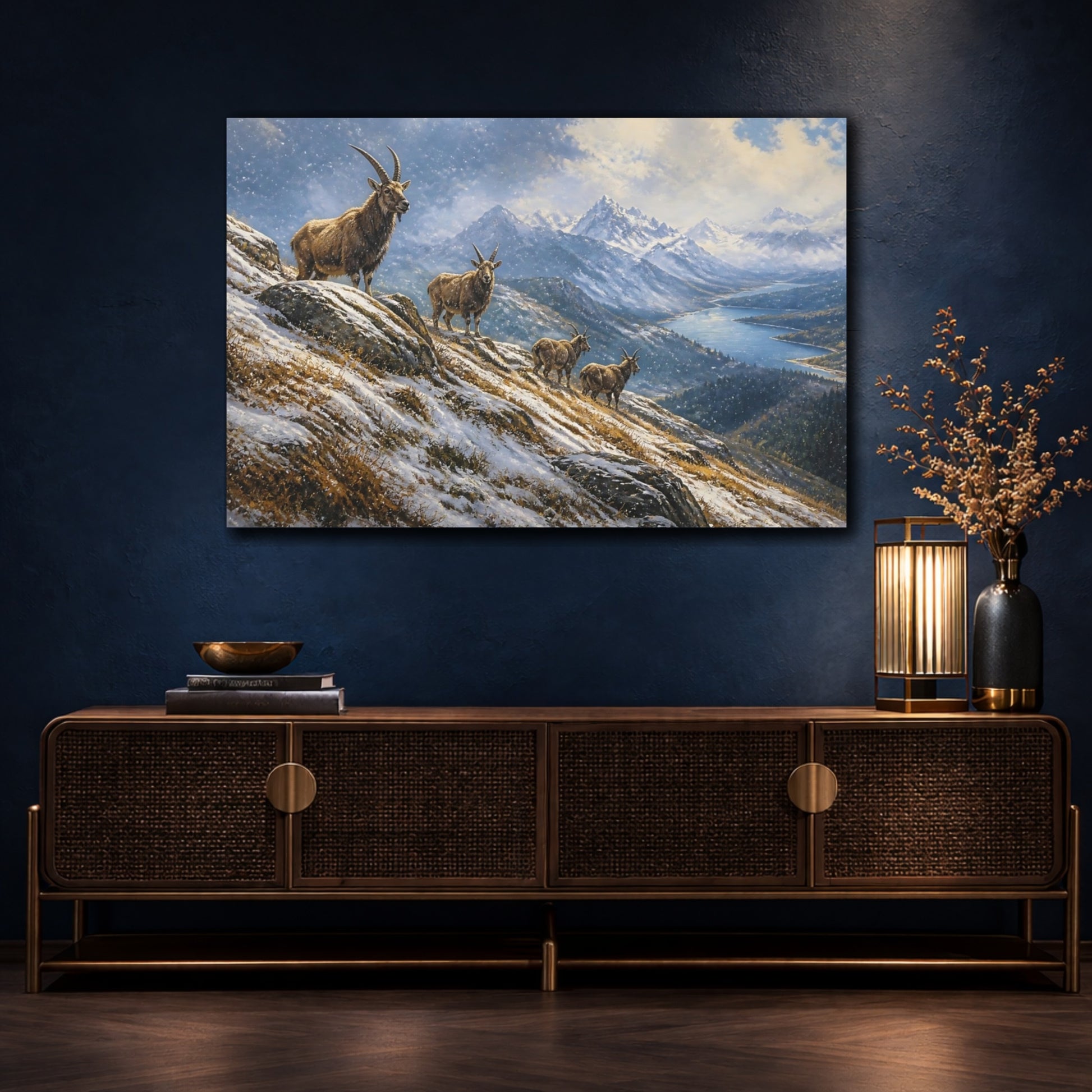 Mockup 4. Alpine Goat Winter Landscape shown as canvas print