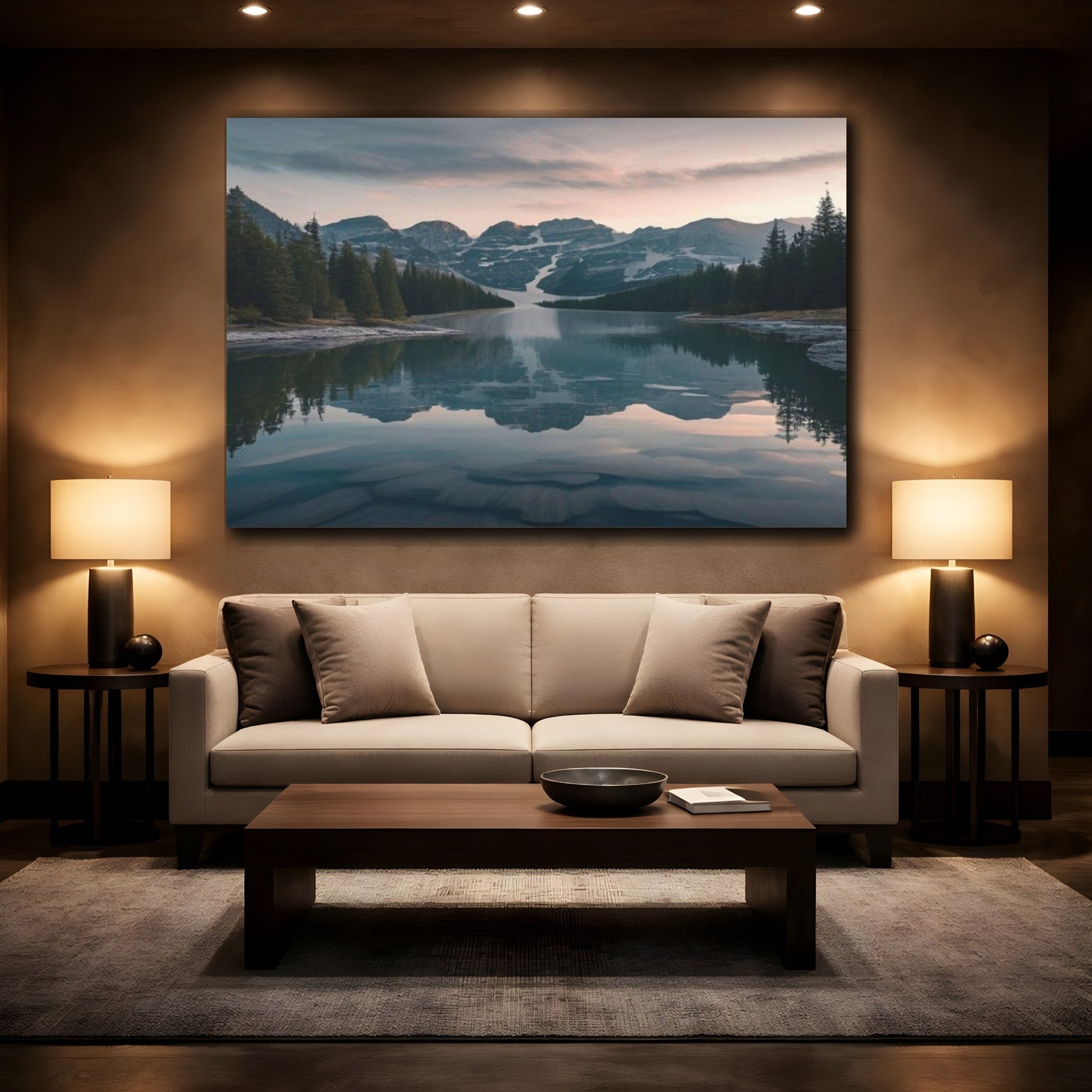 Mockup 2. Alpine Lake At Dusk shown as canvas print