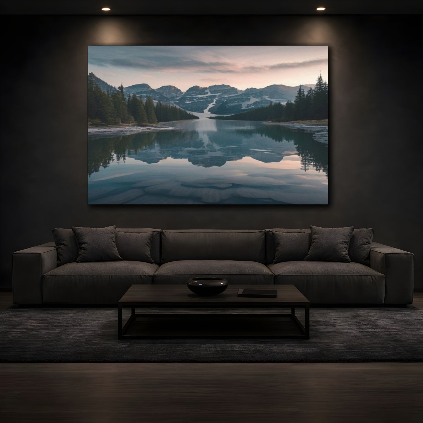 Mockup 3. Alpine Lake At Dusk shown as canvas print