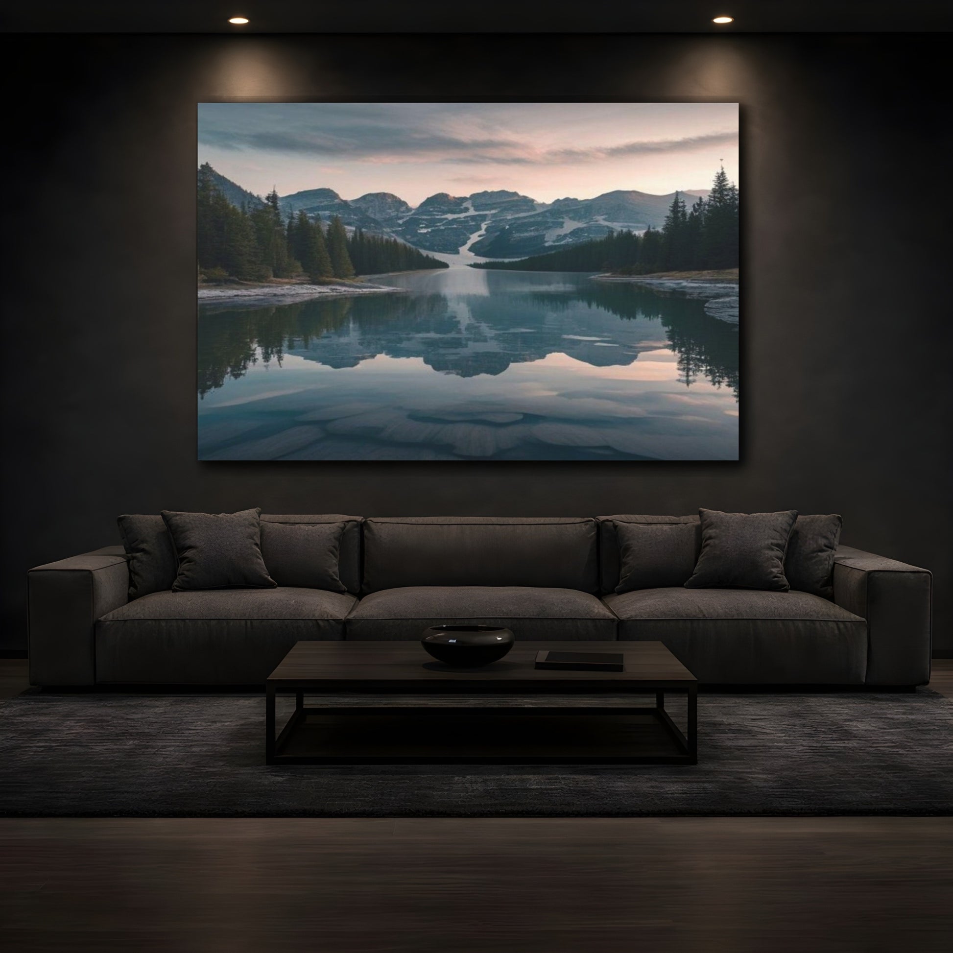 Mockup 3. Alpine Lake At Dusk shown as canvas print