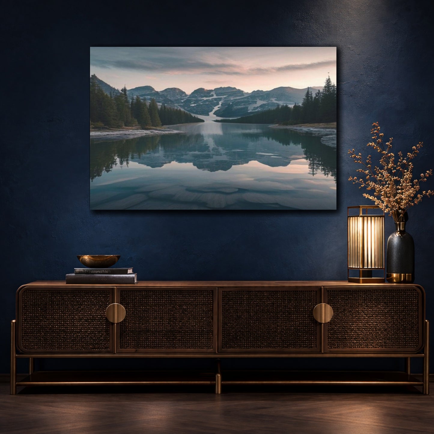Mockup 4. Alpine Lake At Dusk shown as canvas print