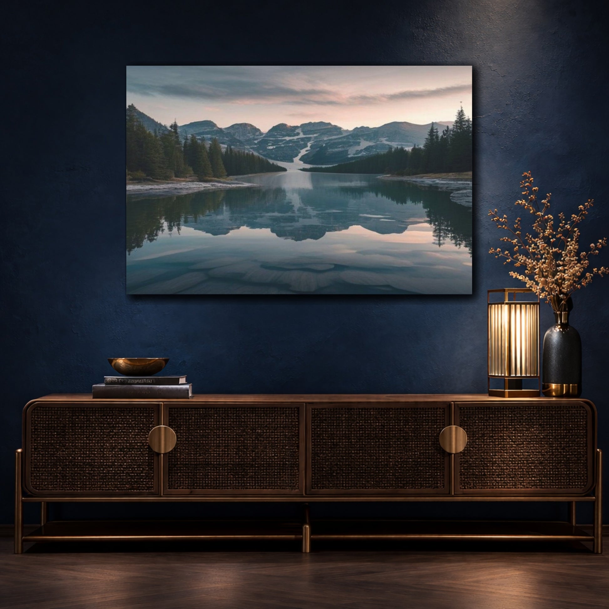 Mockup 4. Alpine Lake At Dusk shown as canvas print