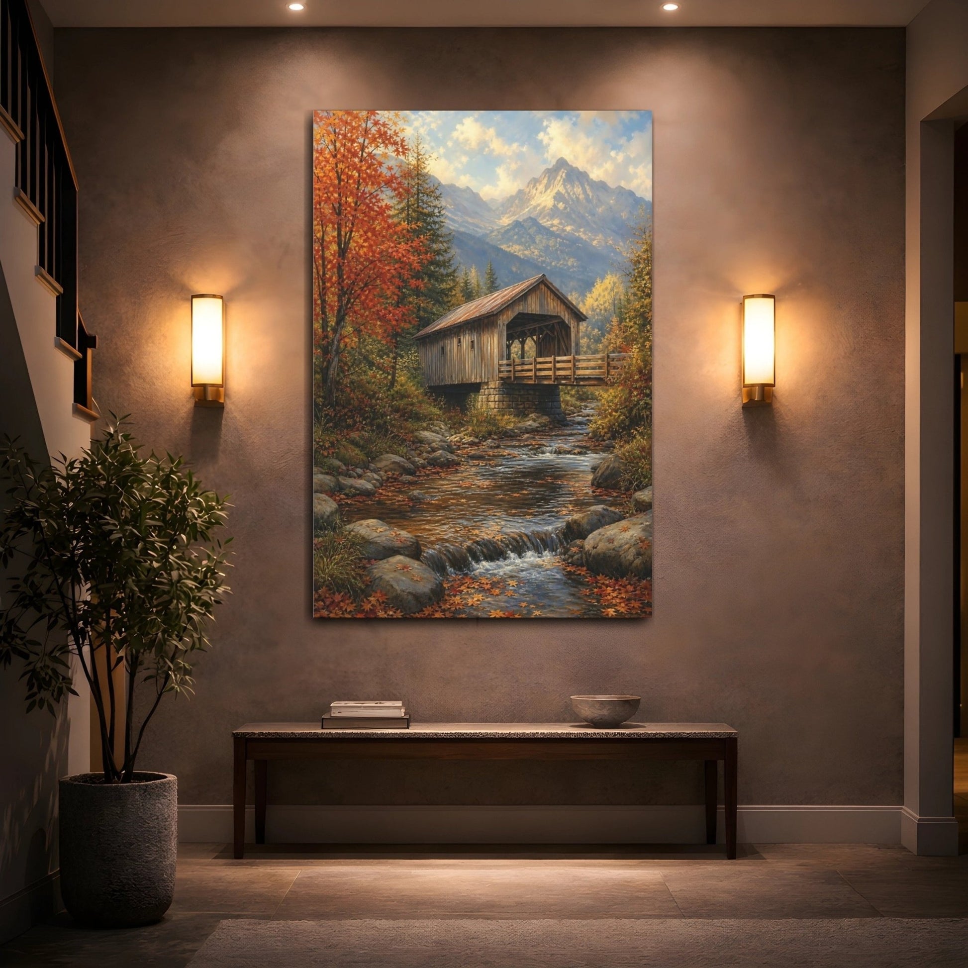 Alpine Romantic Landscape Painting Covered Bridge Canvas Print – Living Room, Above Console Table, Autumn Tones - YesArtYes