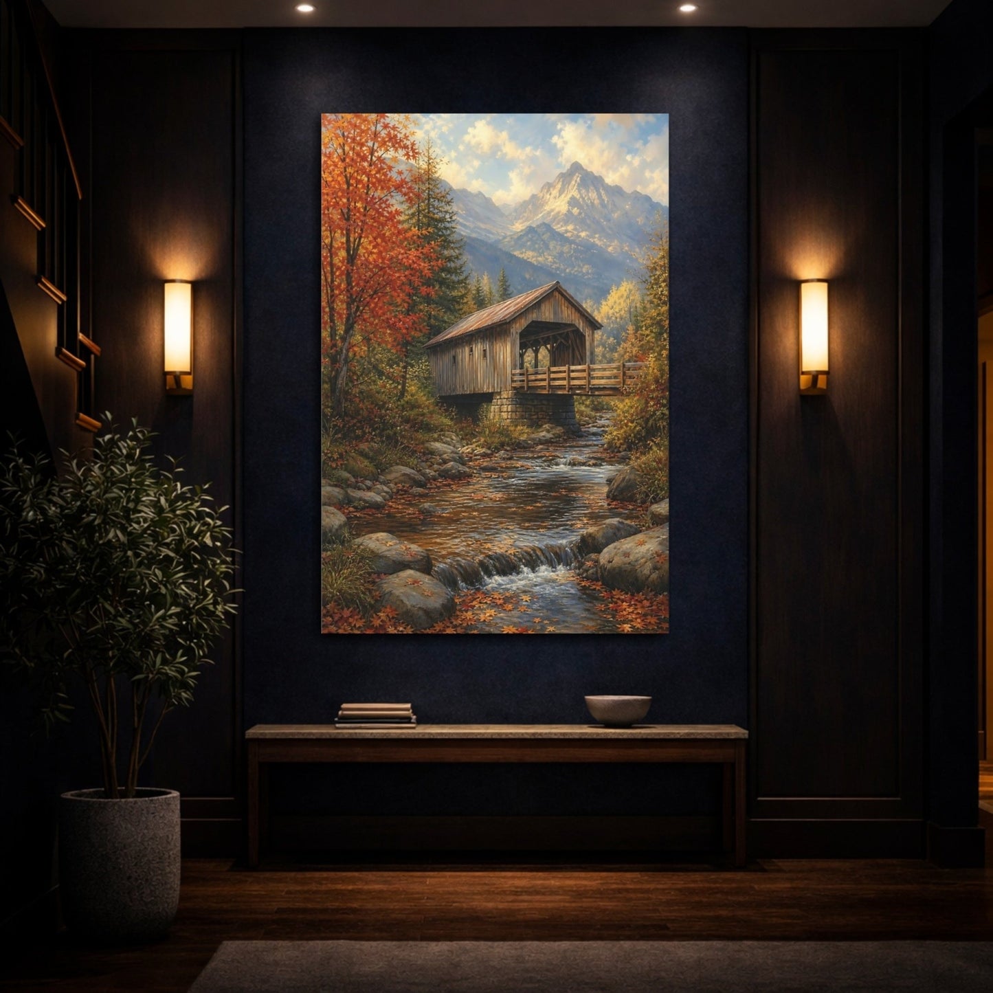 Alpine Romantic Landscape Painting Covered Bridge Canvas Print – Living Room, Above Console Table, Autumn Tones - YesArtYes