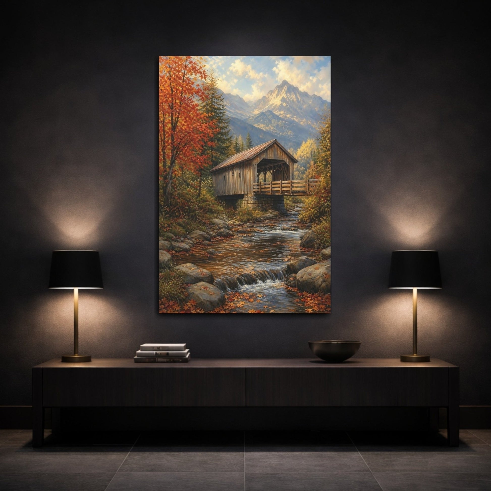 Alpine Romantic Landscape Painting Covered Bridge Canvas Print – Living Room, Above Console Table, Autumn Tones - YesArtYes