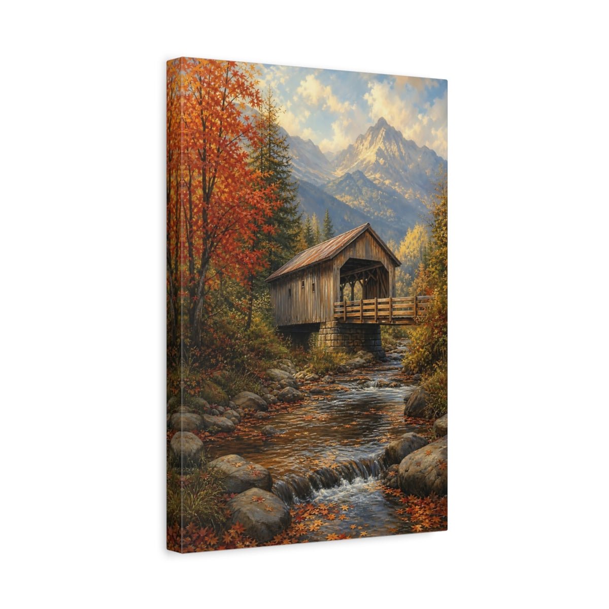 Alpine Romantic Landscape Painting Covered Bridge Canvas Print – Living Room, Above Console Table, Autumn Tones - YesArtYes