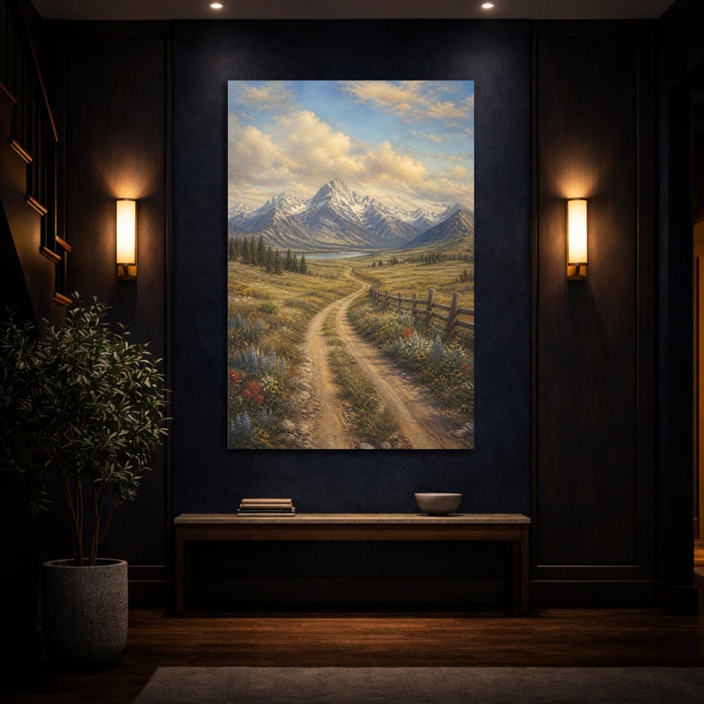 Alpine Romantic Landscape Painting Old Wagon Canvas Print – Realistic Living Room, Large Wall - YesArtYes