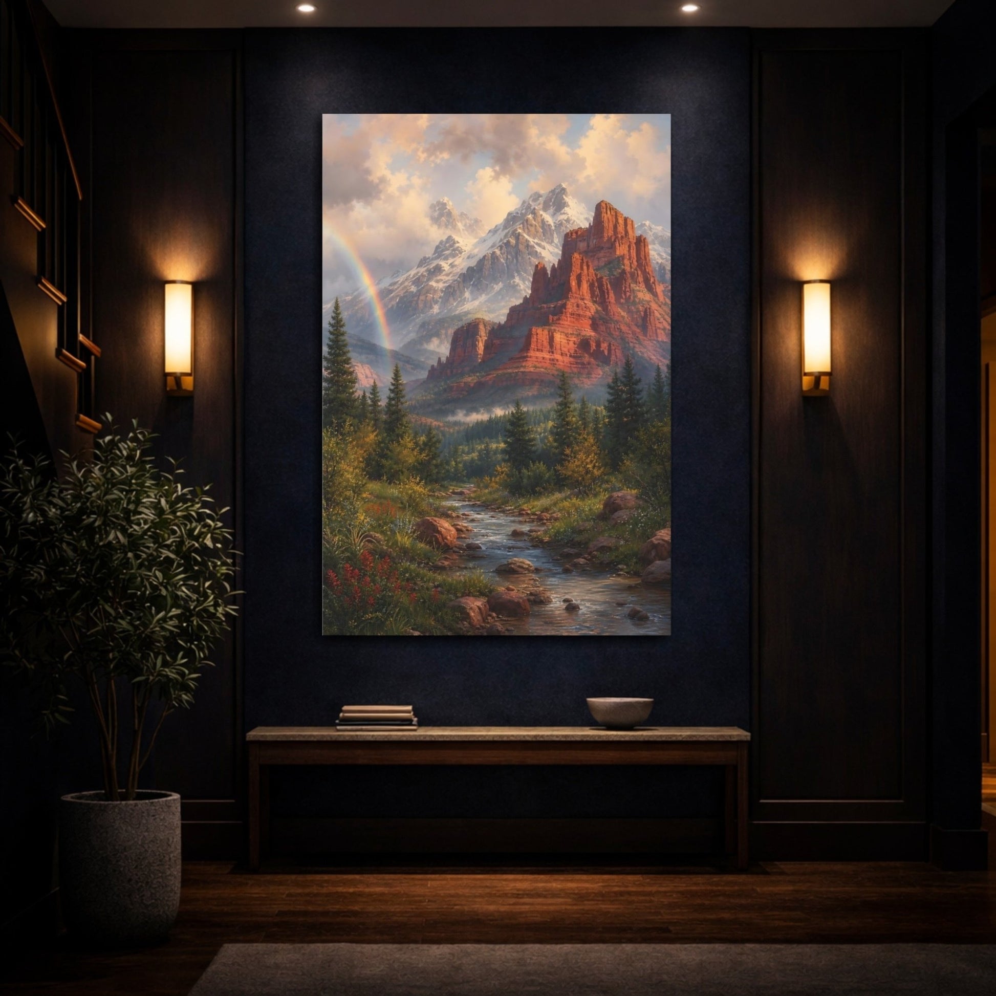Alpine Romantic Landscape Painting Red Mesa Canvas Print – Living Room, Large Wall - YesArtYes