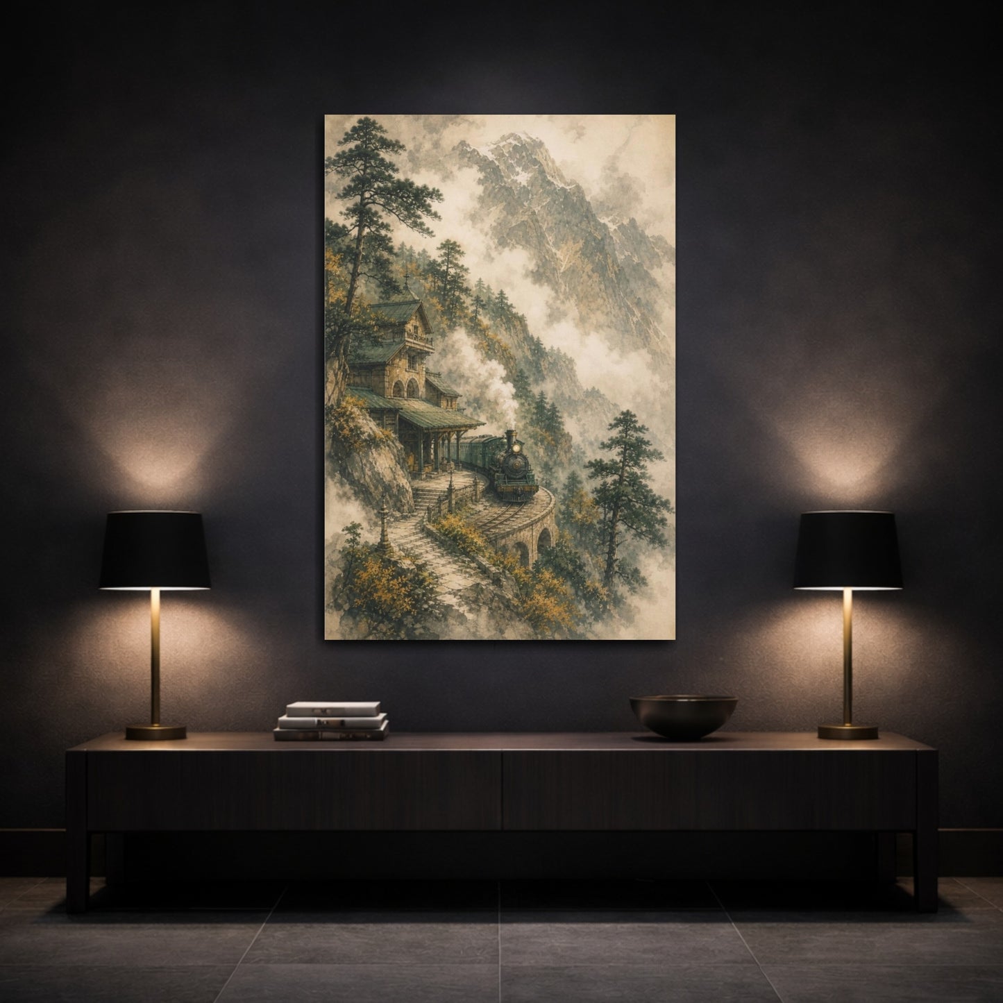 Mockup 3. Alpine Station Steam Train shown as canvas print