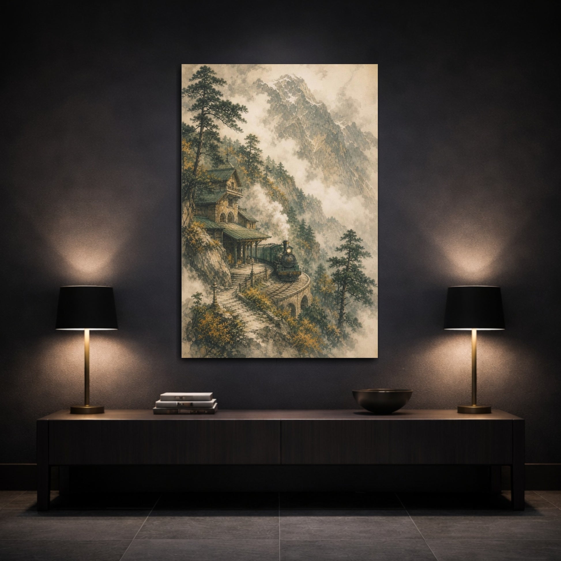 Mockup 3. Alpine Station Steam Train shown as canvas print