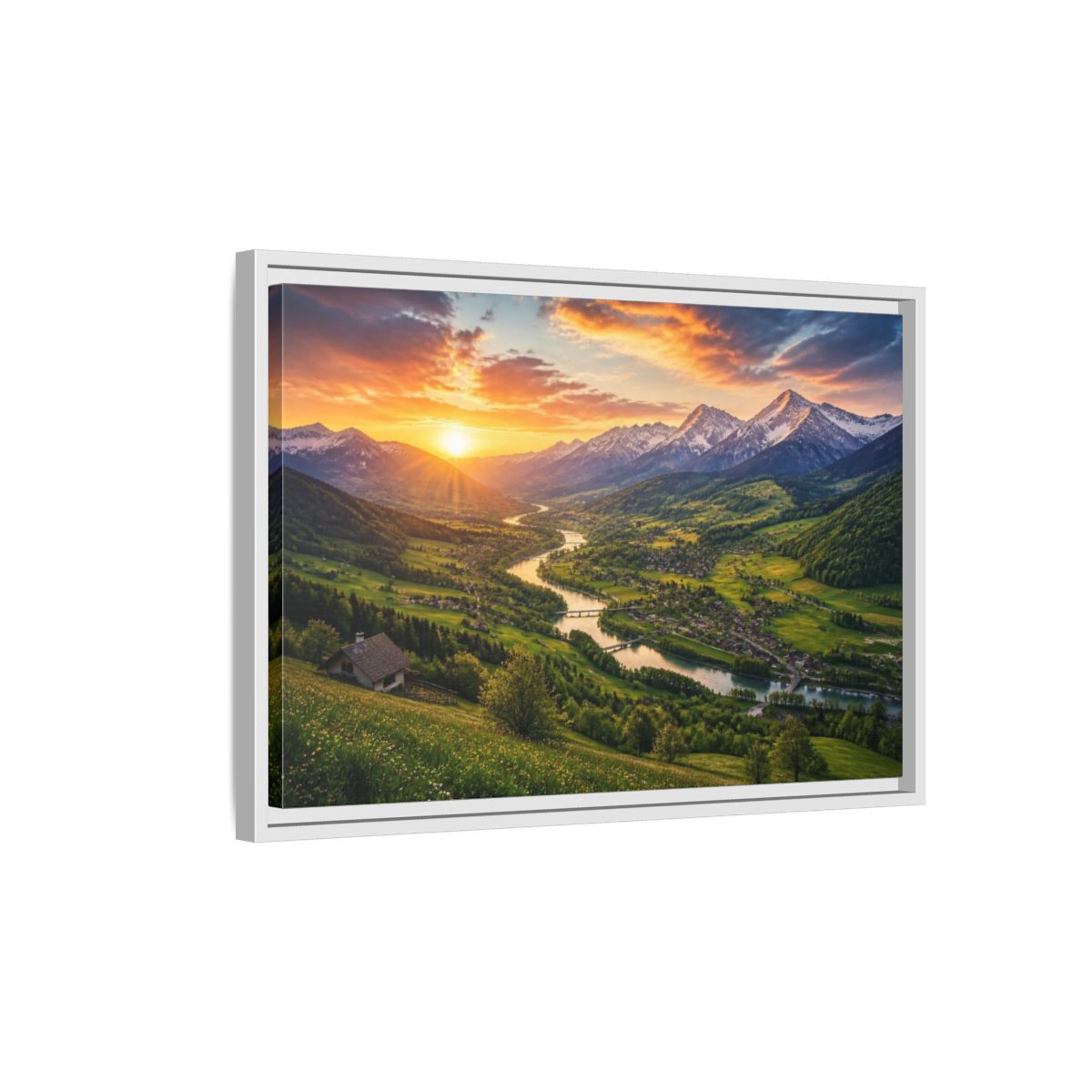 Side Mockup 1. Alpine Valley Sunset Landscape shown as framed canvas print