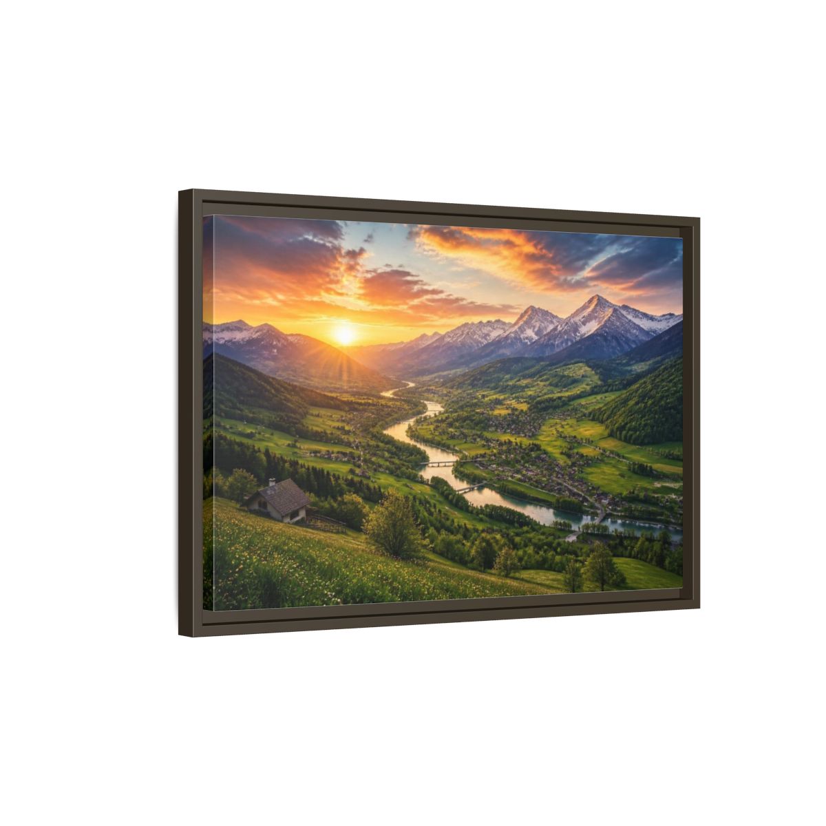 Side Mockup 2. Alpine Valley Sunset Landscape shown as framed canvas print