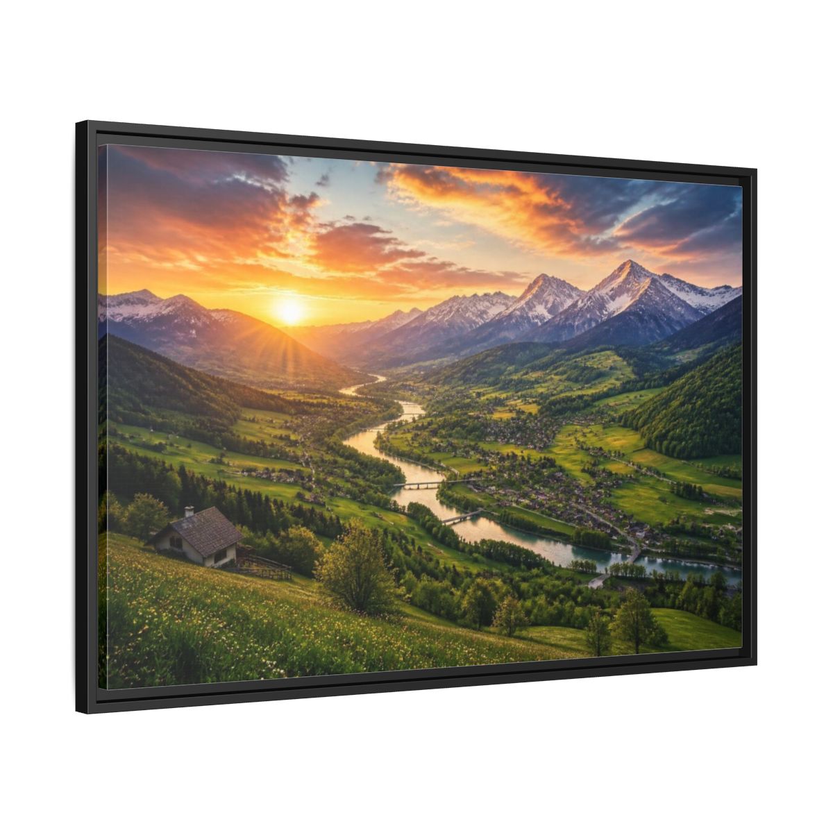 Side Mockup 13. Alpine Valley Sunset Landscape shown as framed canvas print