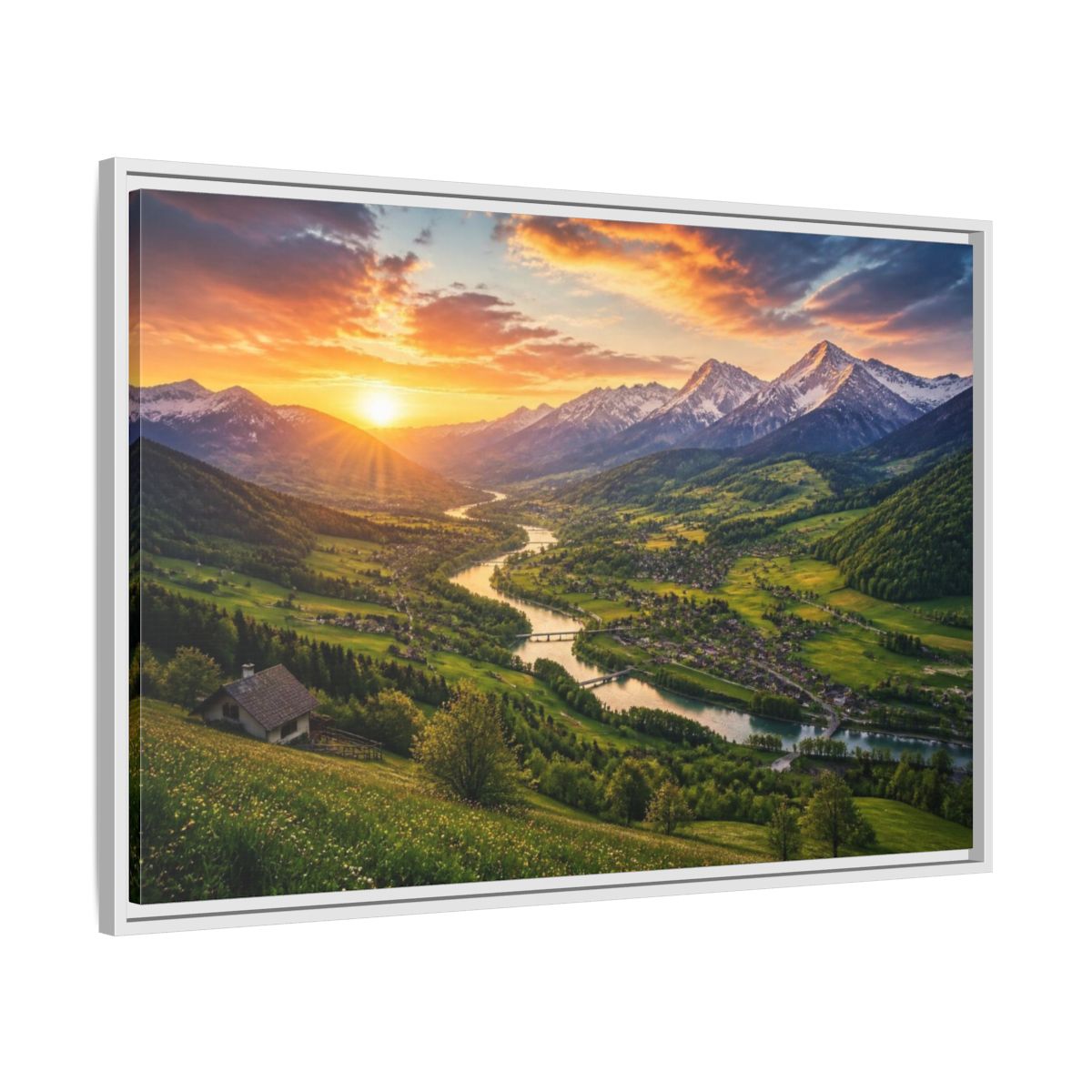 Side Mockup 9. Alpine Valley Sunset Landscape shown as framed canvas print